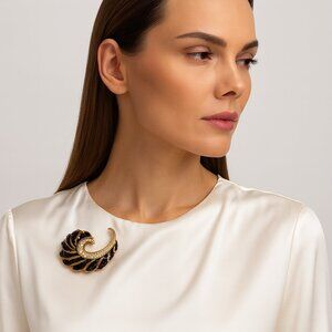 Vintage Feather Brooch Gold Tone Rhinestone Black Enamel 2 Inches Wide 2 In High